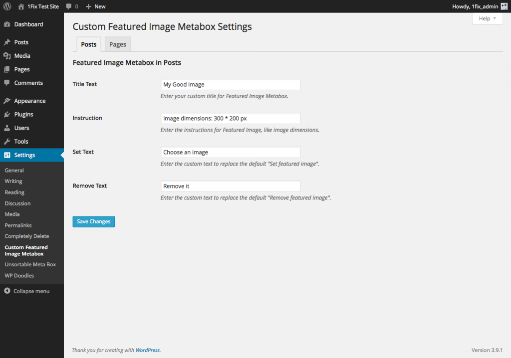 A settings page for Custom Featured Image Metabox